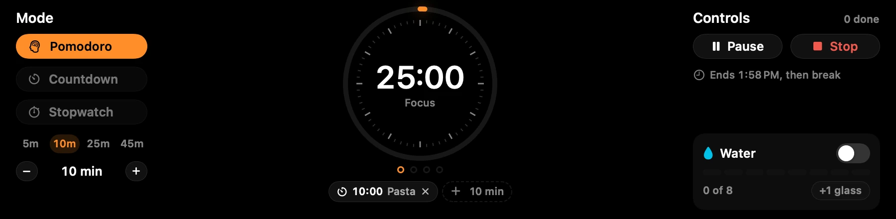 The Timers tool with a Pomodoro running